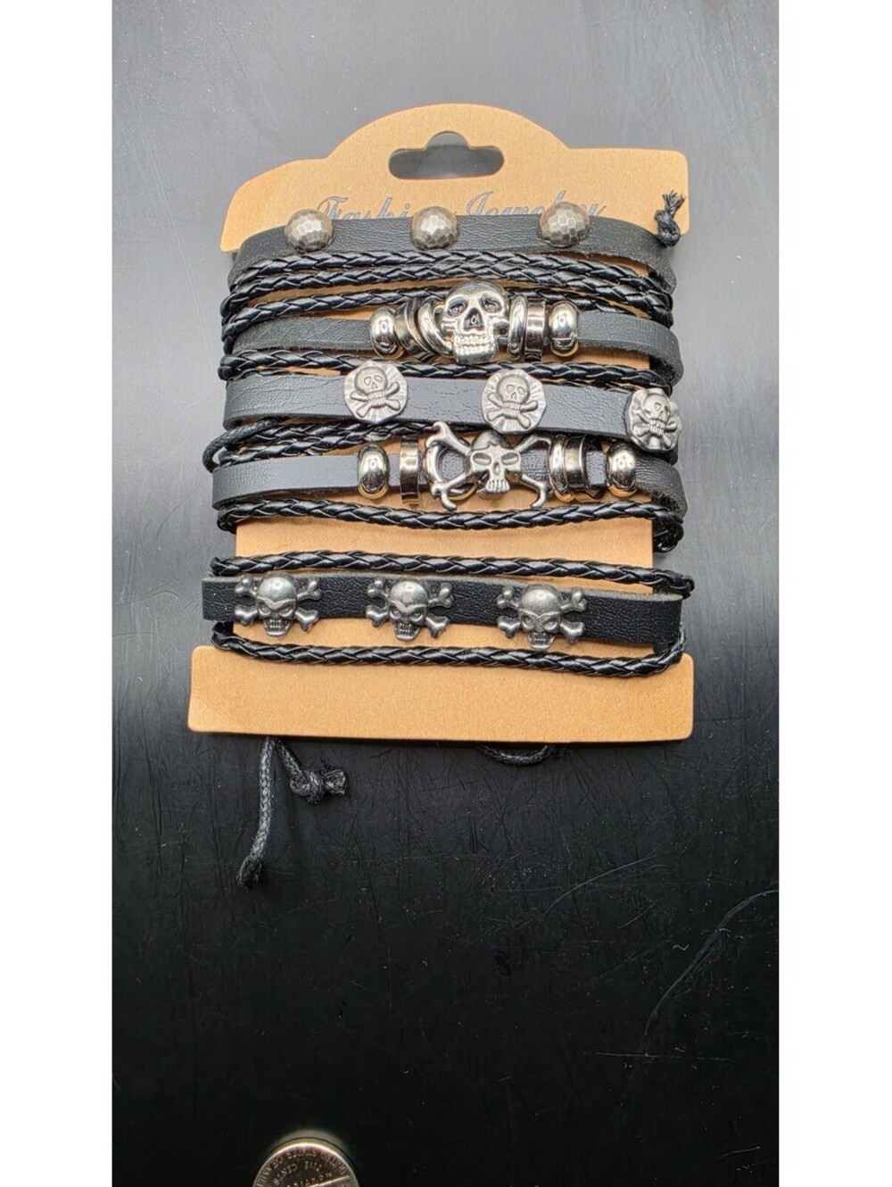 Black Skull Charm Layered Bracelet Set